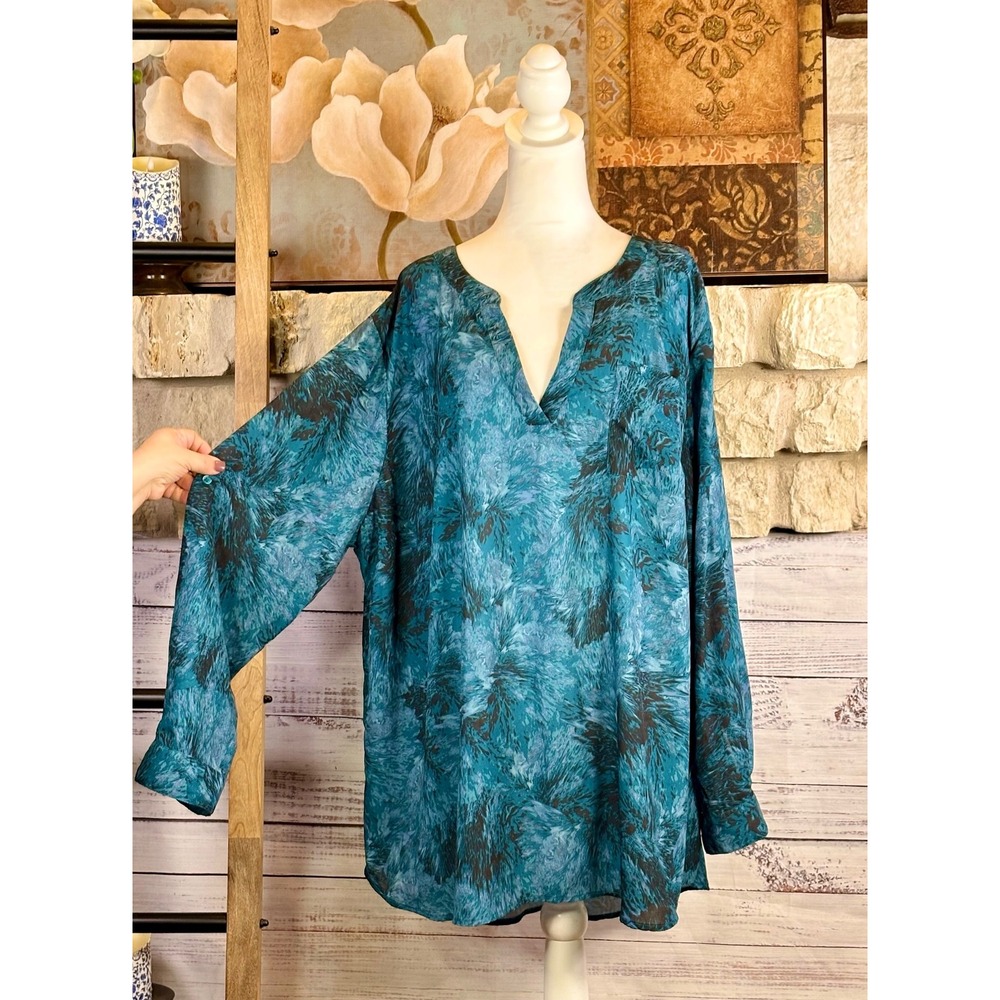 Ava & Viv Womens 3X Teal Abstract Print Roll Tab Sleeve V-Neck Tunic Blouse